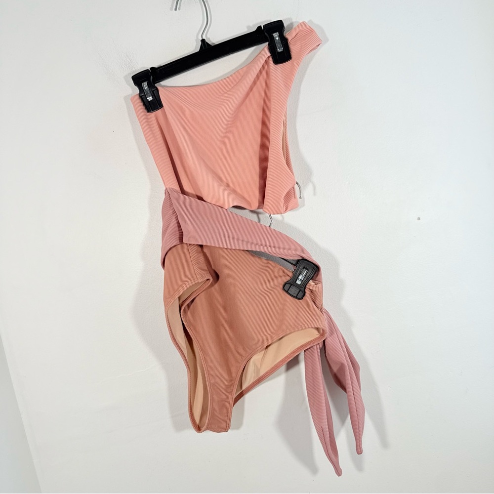Beach Riot Carlie Blush Pink Ribbed One Shoulder Side Tie One Piece Swim Medium - Picture 2 of 13